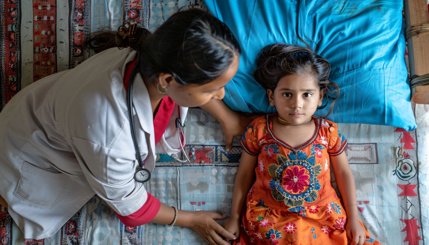 A doctor caring for a young girl at home
